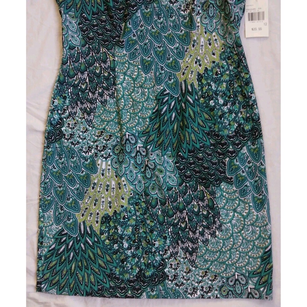 NWT Connected Apparel Sheath Dress Teal Peacock Feather Paisley Print Women's 12 - Picture 3 of 10